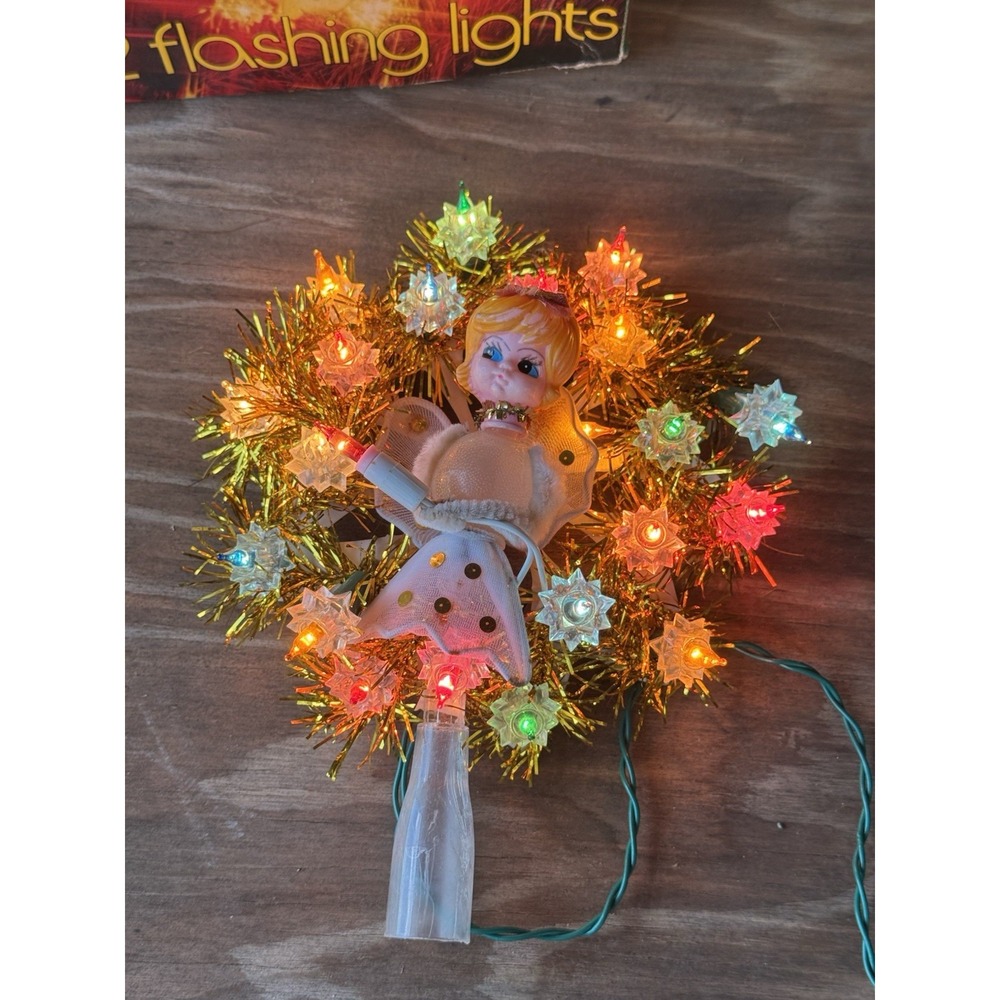 Vintage Pixie Angel Light Up Christmas Tree Topper, MCM Christmas Decor Tinsel